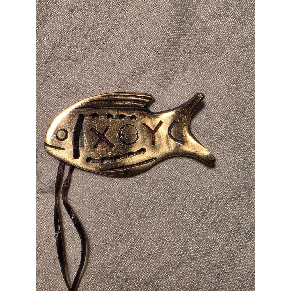 Vintage Terra Sancta Guild Brass IXOYC Fish Pendant Necklace (1969)